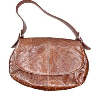 Cole Haan Brown Leather Hand Tooled Hobo Shoulder Bag